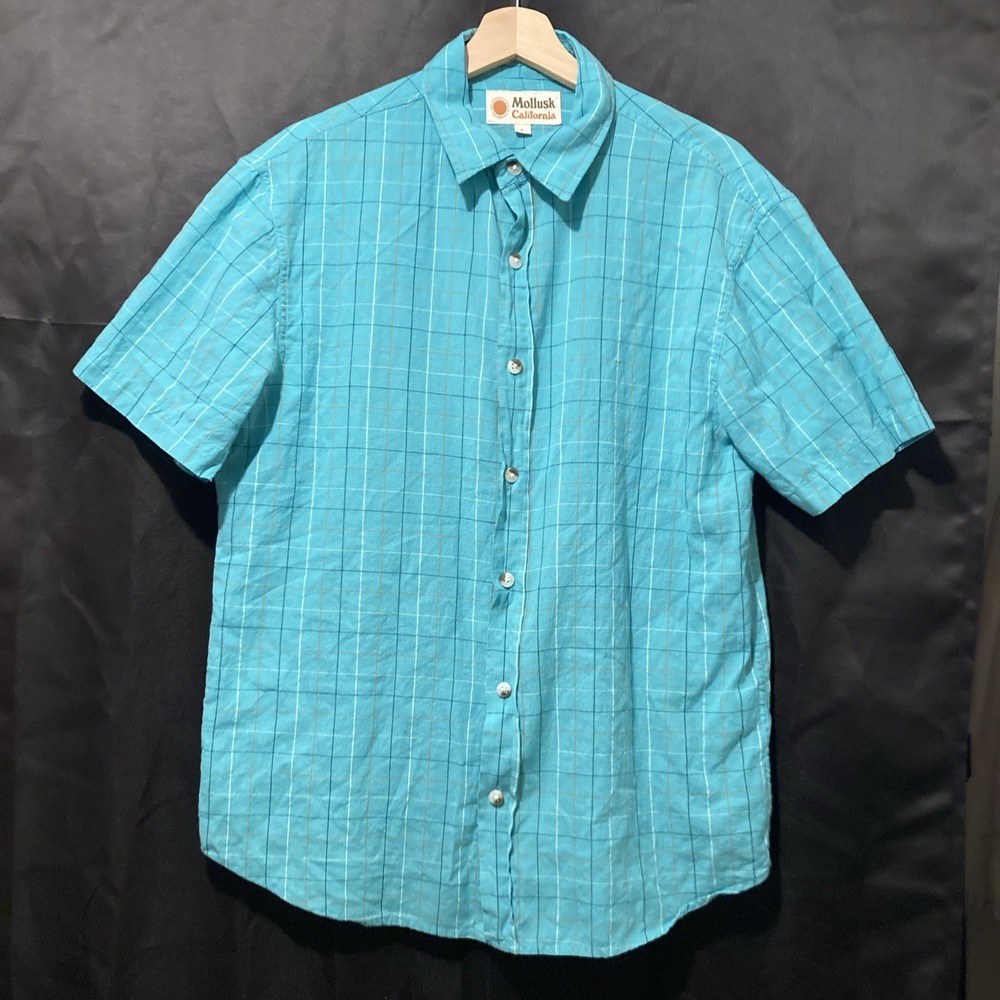 Mollusk Mens Summer Shirt Cyan Turquoise Windowpane Plaid Short Sleeve L Cotton